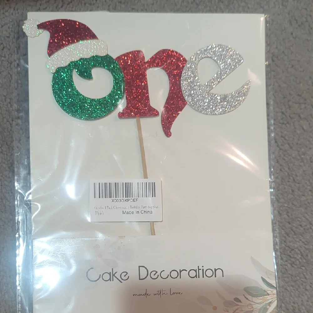 Glittery 'One' Cake Topper with Santa Hat - Red, Green, Silver